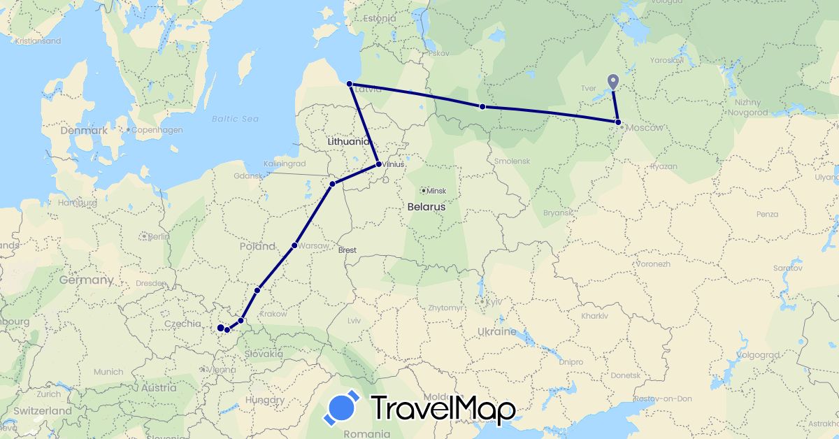 TravelMap itinerary: driving in Czech Republic, Lithuania, Latvia, Poland, Russia (Europe)